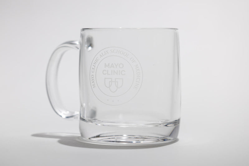 Mug, glass with etched MCASOM